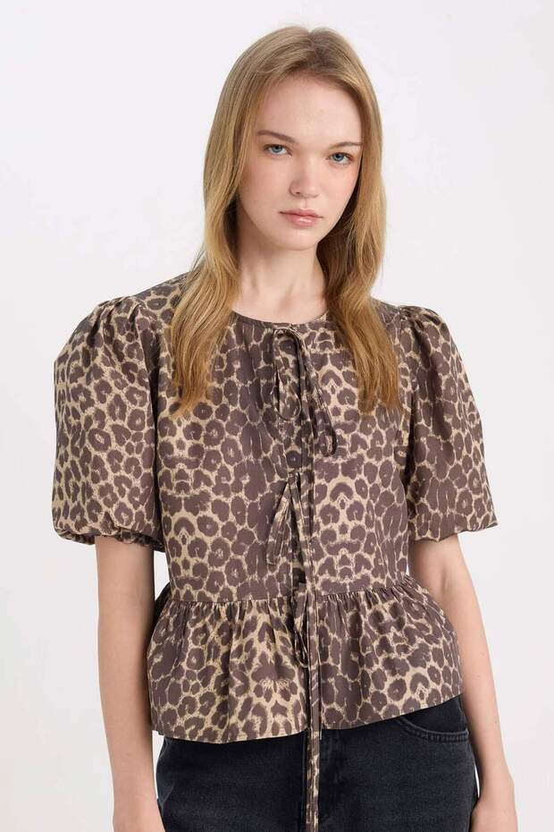 Regular Fit Round Neck Leopard Print Tie Front Poplin Short Sleeve Blouse E2670Ax24Au - 1