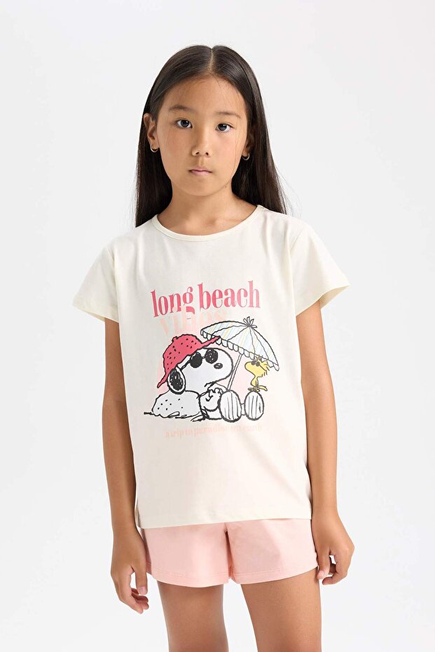 Kız Çocuk  Snoopy Pijama Takımı Kısa Kollu Üst Beli Lastikli Kısa Şort D9831A824WN - 3