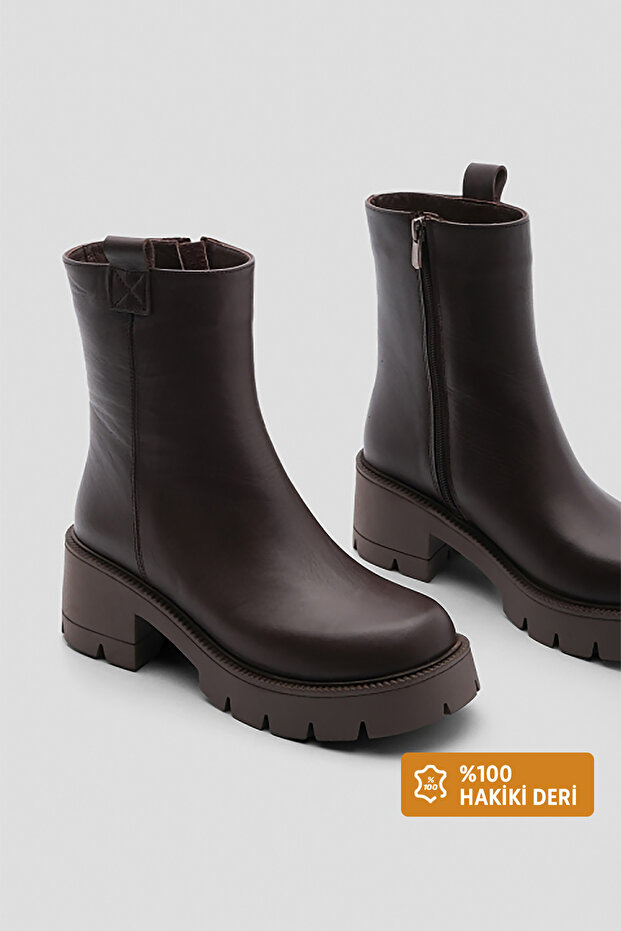 Women's Genuine Leather Daily Boots Thick Serrated Sole Fesco Brown