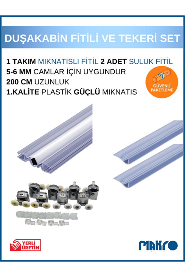 GLASSMAKRO Duşakabin Tekeri ve Mıknatıslı Fitil Seti – 8’li 22 mm Teker + 1 Takım Mıknatıs + 2 Yan Suluk 200 cm