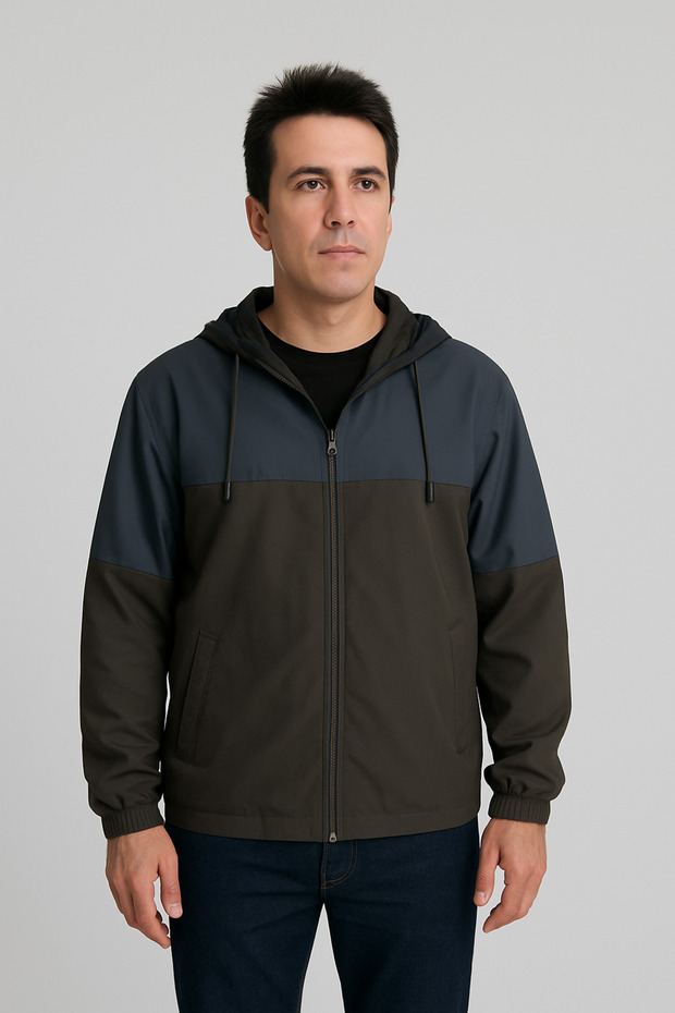 Men's Windbreaker Jacket with Fixed Hood and Zippered Pockets