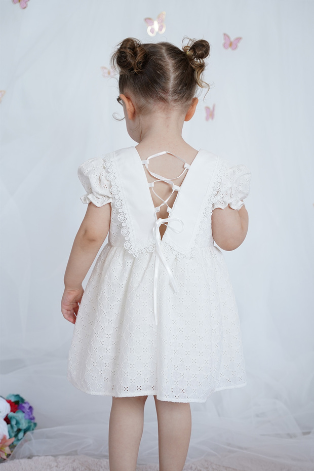 Baby Girl Kids Dress with Ribbon White Scalloped Birthday Wedding Party Special Occasion Eid Dress