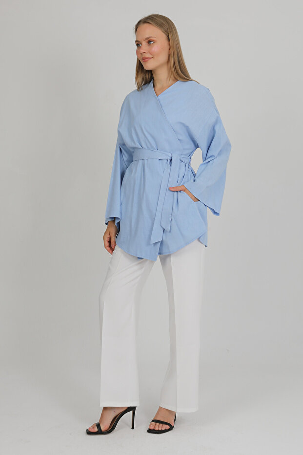 100% Cotton Linen Pocket Belted Summer Women's Kimono 1166 - Breathable Natural Fabric