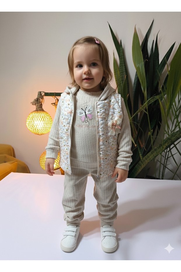 Eid Baby Girl Butterfly Patterned Three-Piece Set (Snap Fastener Sweatshirt + Lace Hoodies + Vest Pants)