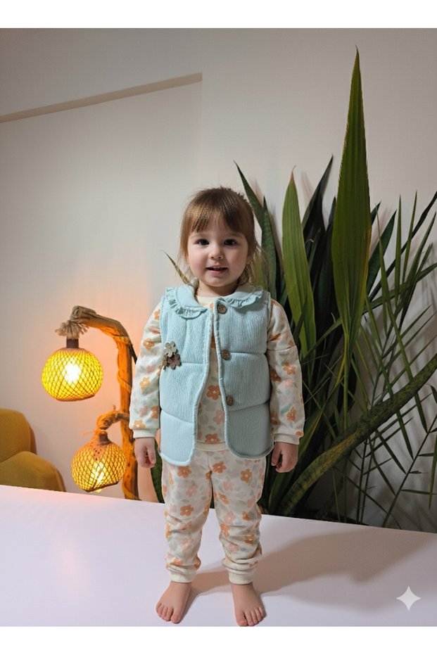 Eid Baby Girl Floral Print Piece Set (Sweatshirt with Snap Fasteners on the Shoulder + Corded Fabric Vest + Pants)