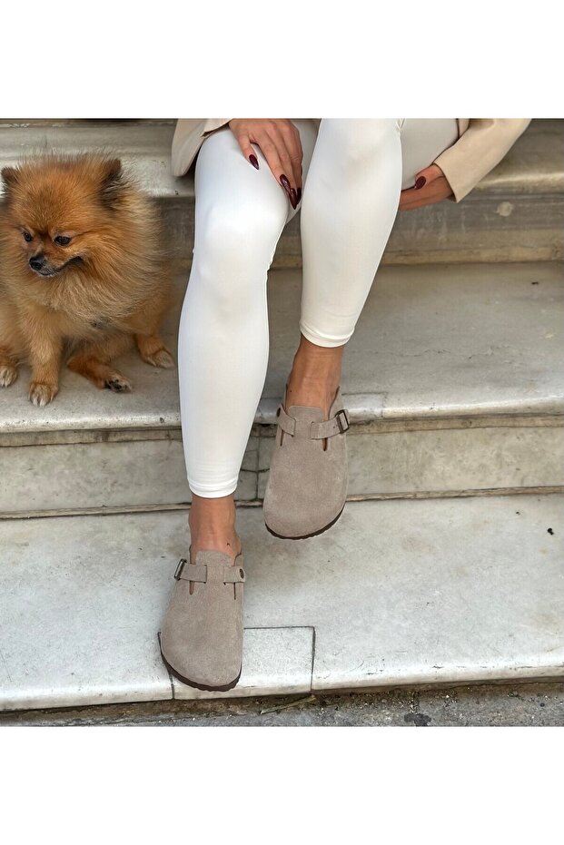 Oslo Hakiki Deri Mantar Taban Taupe Süet Anatomik Terlik - 7