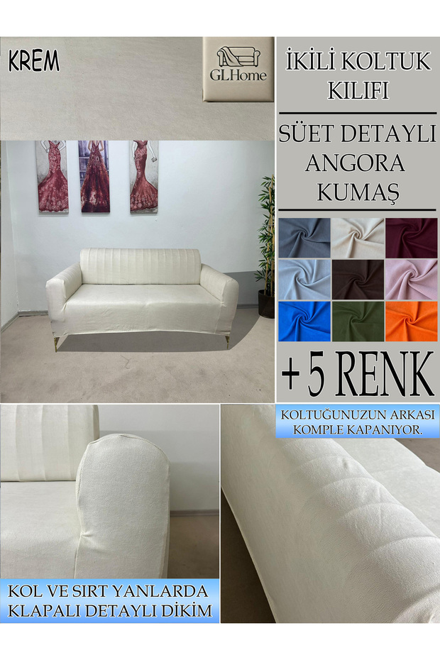 SÜET ŞÖNİL KUMAŞ ÇİFT KİŞİLİK KOMPLE GİYDİRME 2'Lİ KANEPE, BOHEM, vb MODEL KOLTUK KILIFI - 1