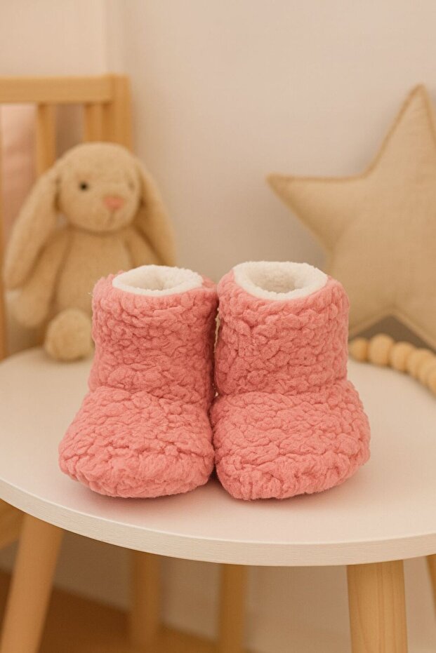 Bebek & Çocuk Kaydırmaz Tabanlı Ev Botu / Panduf / Kışlık Peluş Bot Pembe Renk - 1