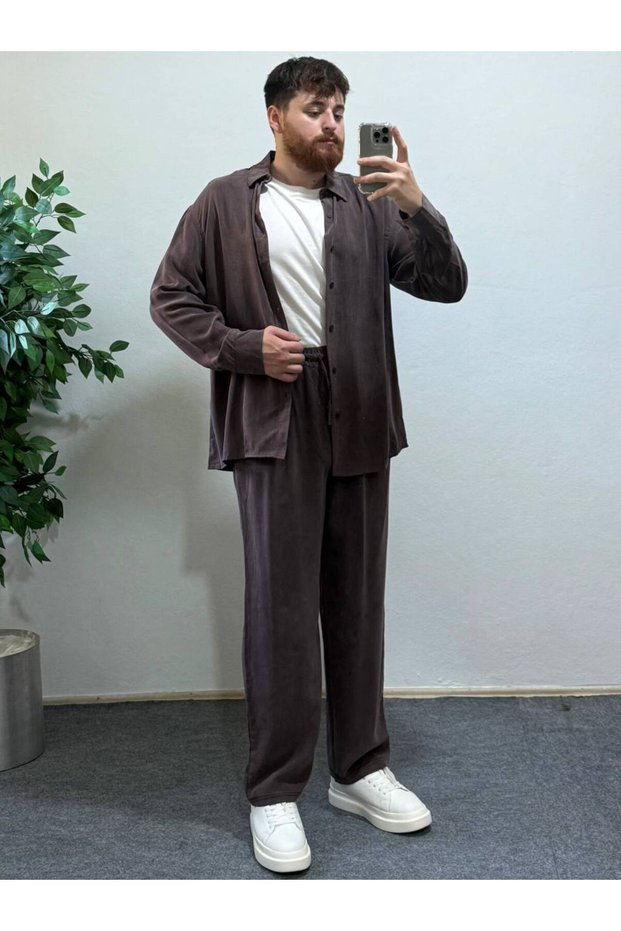 Dark Plum Ares Men's Linen Bottom Top Suit Summer Shirt and Pants Set Breathable Fabric
