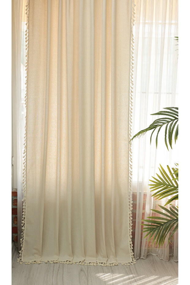 Linen Bohemian Style Tassel Curtain (Linen with Pompons)