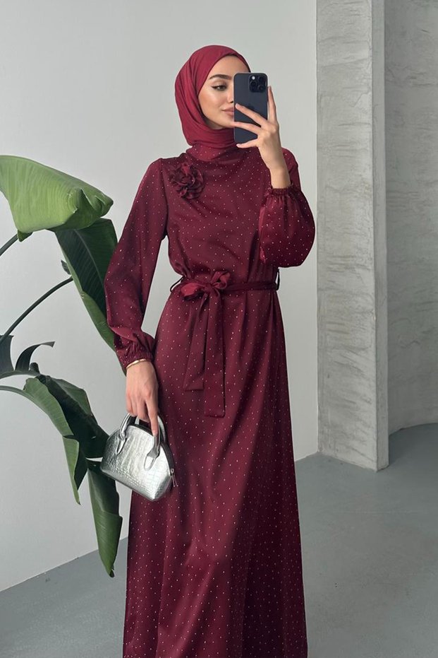 Lerina Burgundy Rose Detail Satin Long Dress Yrn-2139
