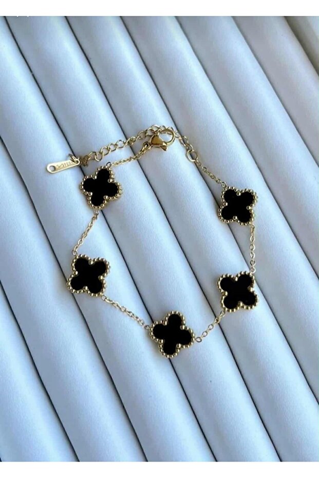 Kadın Çelik Siyah Renk Yonca Model Bileklik - 1