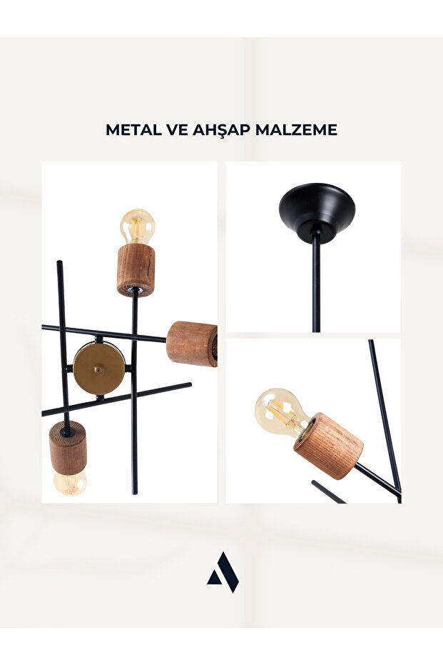 Astrex Rustik Salon Avizesi – 4 Başlıklı, Ahşap Detaylı Endüstriyel Lamba - 5