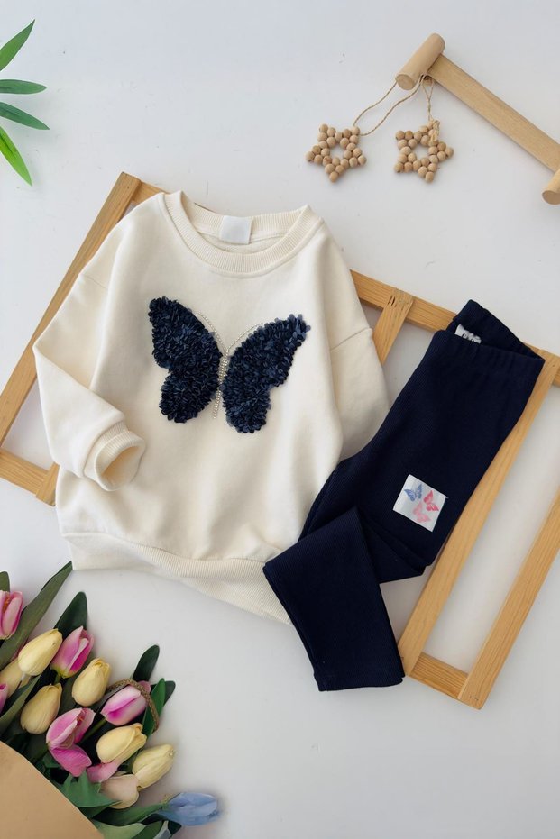 My Little Girl's Colorful Tights Set with Butterfly Tulle Detail - Navy Blue