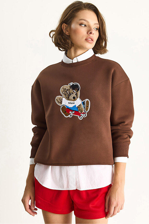 Women's Brown Teddy Embroidered Crew Neck Casual Sweatshirt 6864 60283522