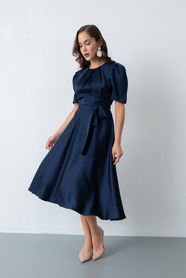 Women's Navy Balloon Sleeve Midi Satin Dress