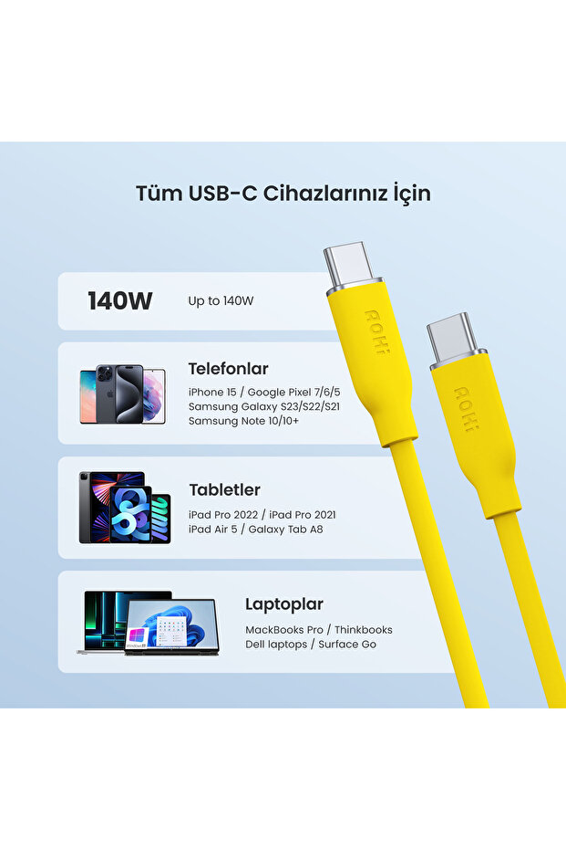 Silky Type-C to Type-C 1m PD 3.1 480Mbps 140W Süper Hızlı Şarj/Data Kablosu Seti 3'lü - 8