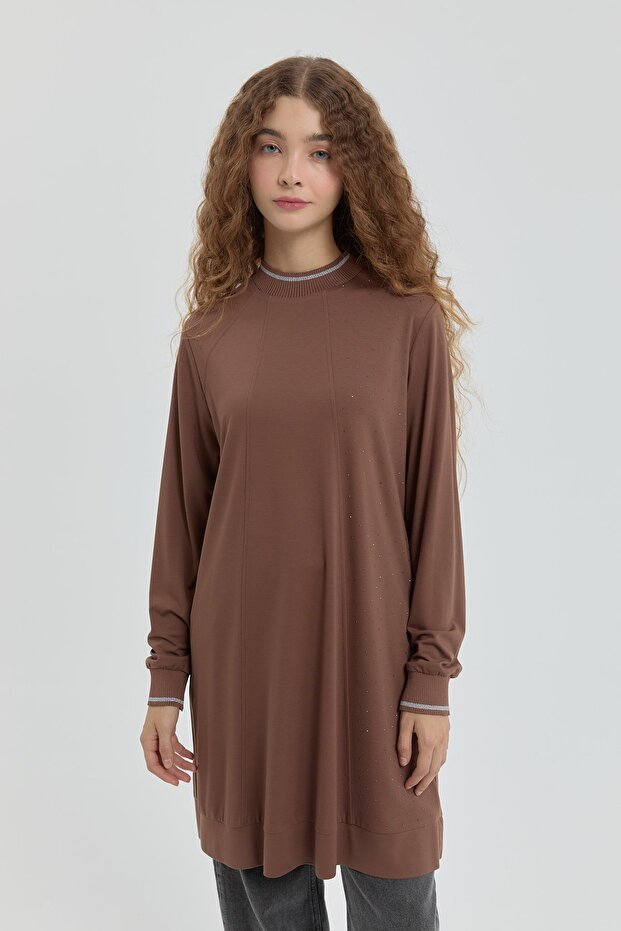 Taş Detaylı Örme Tunik Kahve - 1