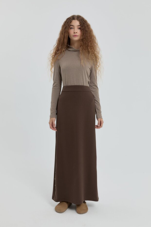 Çıt Çıt Detaylı Örme Etek Kahve - 1