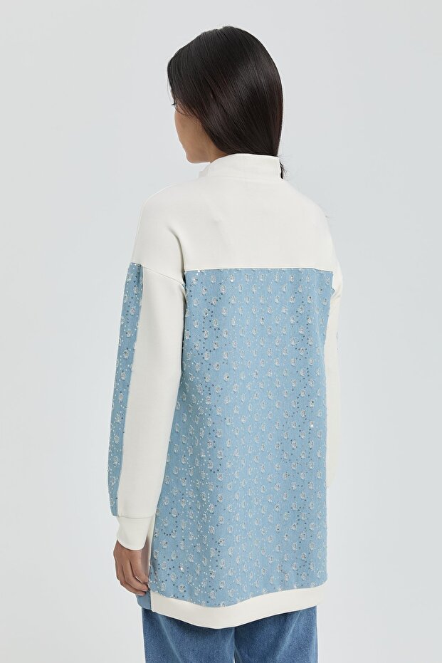 Denim Detaylı Örme Tunik Ekru - 4