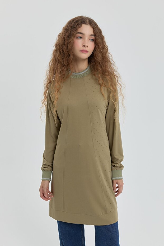 Taş Detaylı Örme Tunik Haki - 2