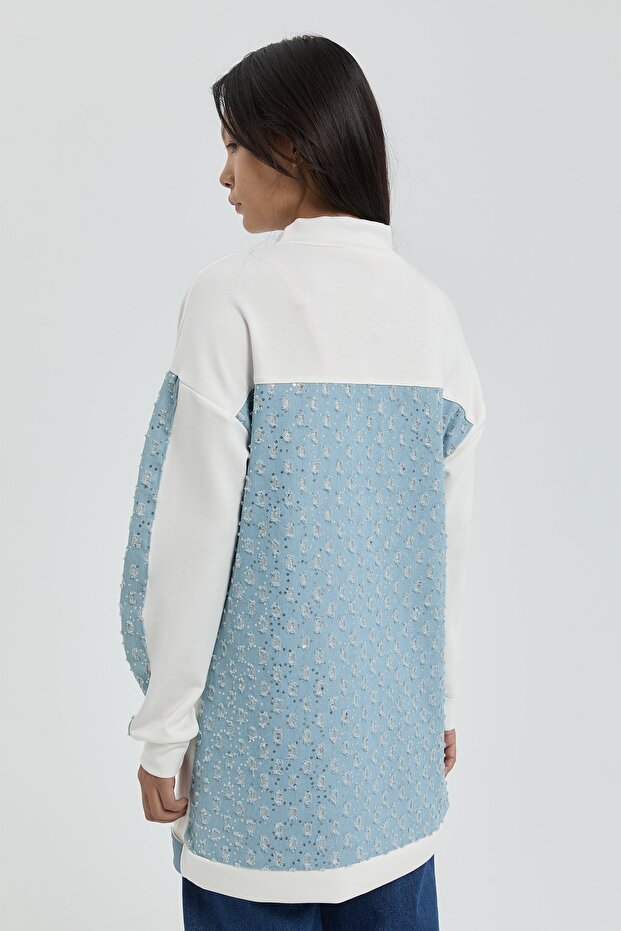 Denim Detaylı Örme Tunik Beyaz - 4