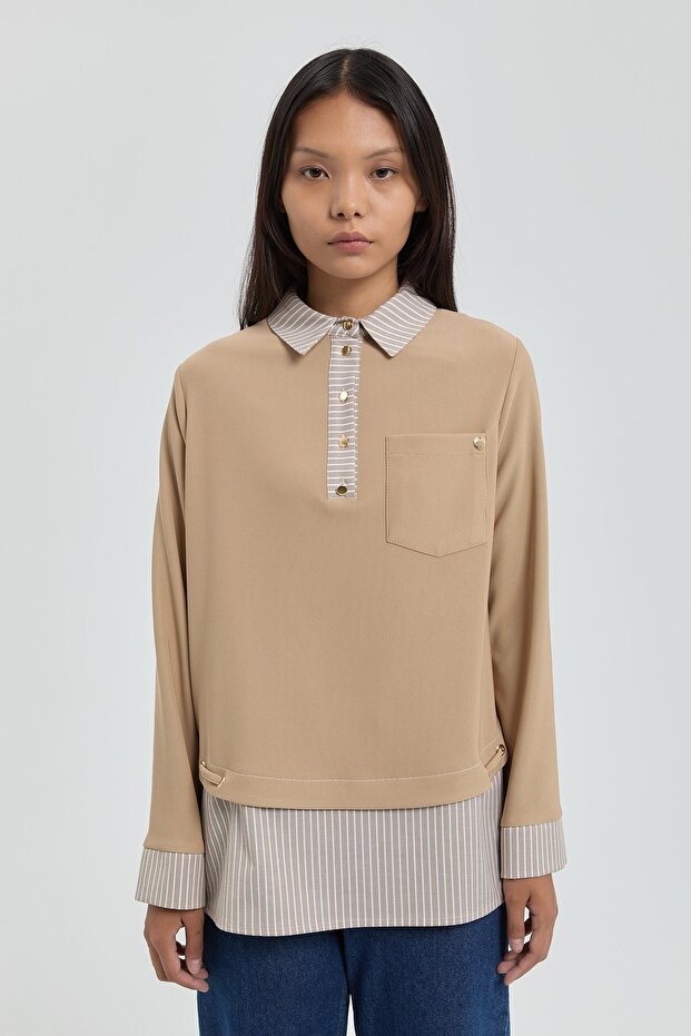 Çizgi Kumaş Garnili Örme Gömlek Yaka Tunik Camel - 1