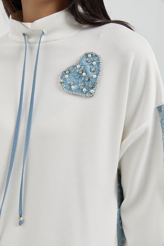 Denim Detaylı Örme Tunik Beyaz - 2