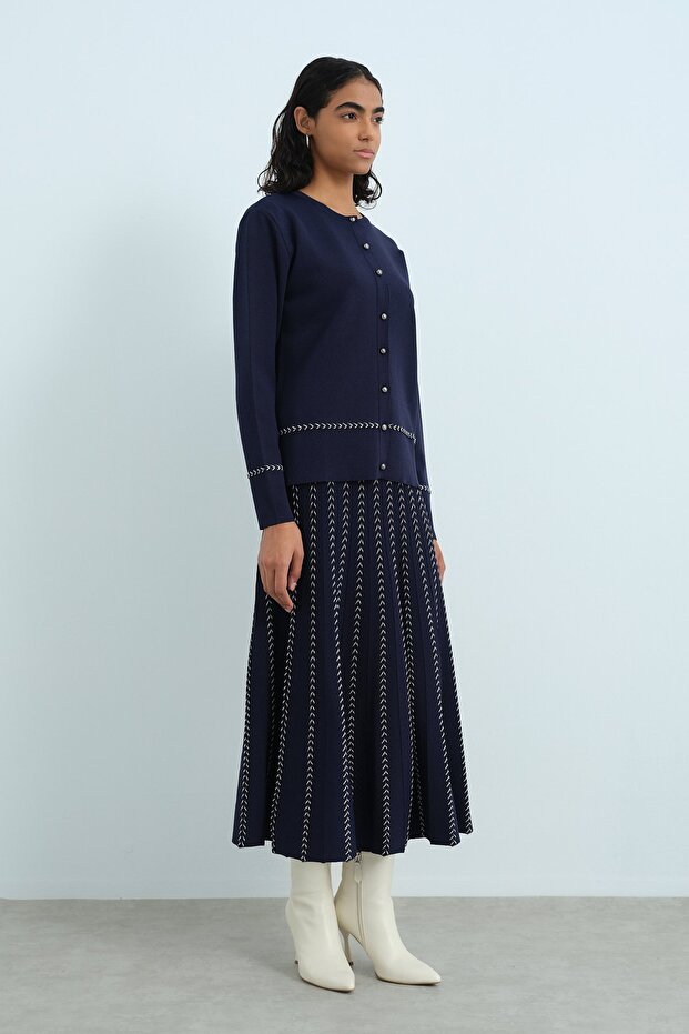 Simli Piliseli Triko Etek Lacivert - 4