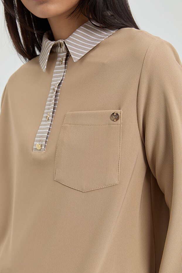 Çizgi Kumaş Garnili Örme Gömlek Yaka Tunik Camel - 2