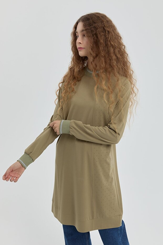 Taş Detaylı Örme Tunik Haki - 3