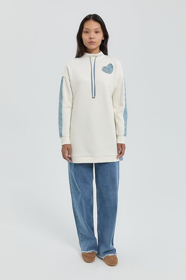 Denim Detaylı Örme Tunik Ekru - 3