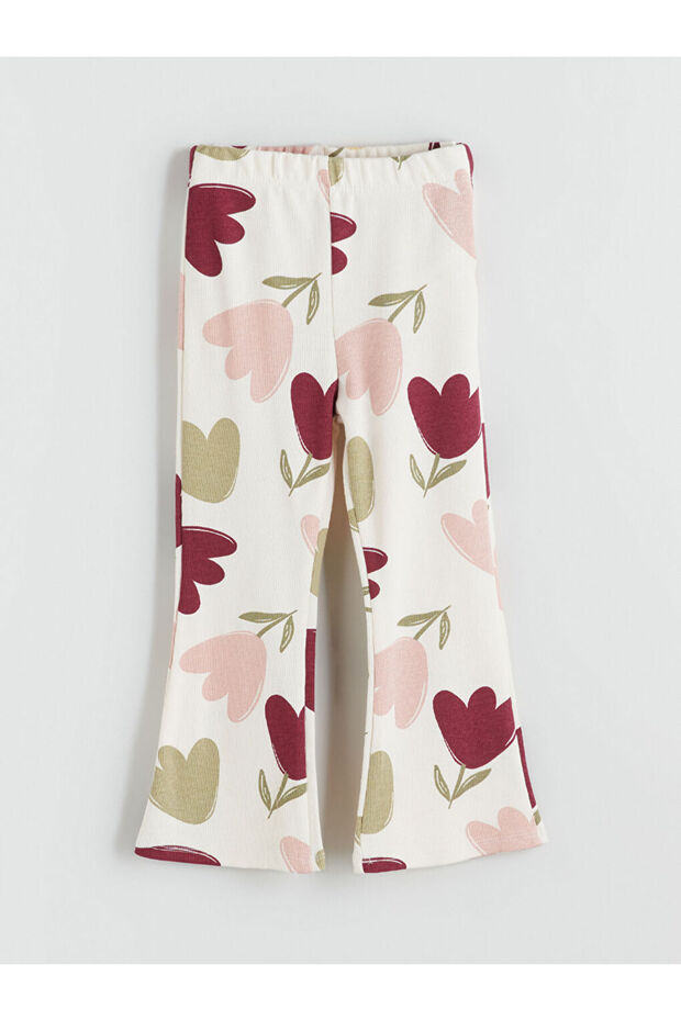Lcw Kids Ecru Floral Patterned Ribbed Girls' Leggings