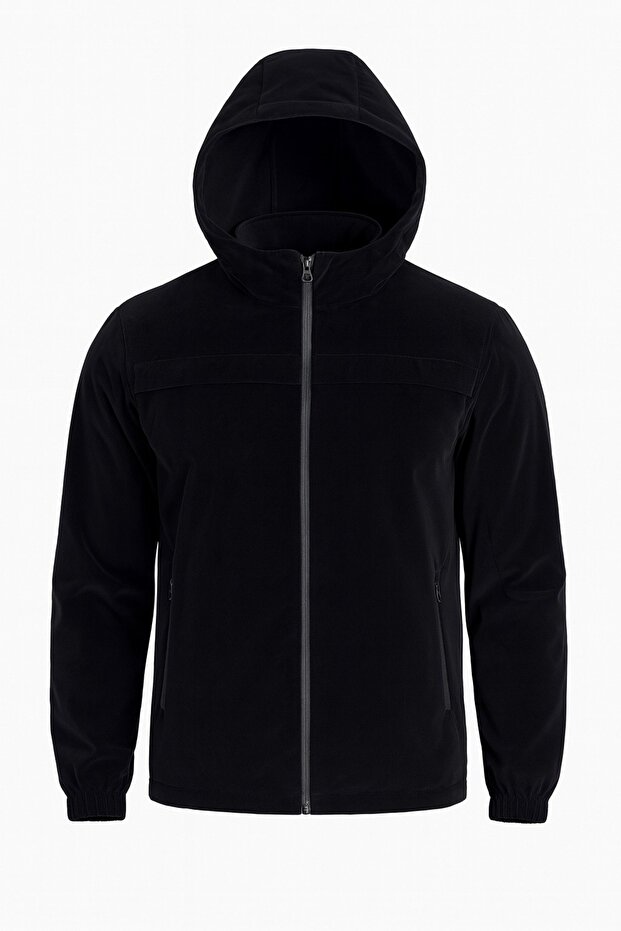 Men's Black Hooded Windbreaker, Seasonal Coat with Zipper Pockets