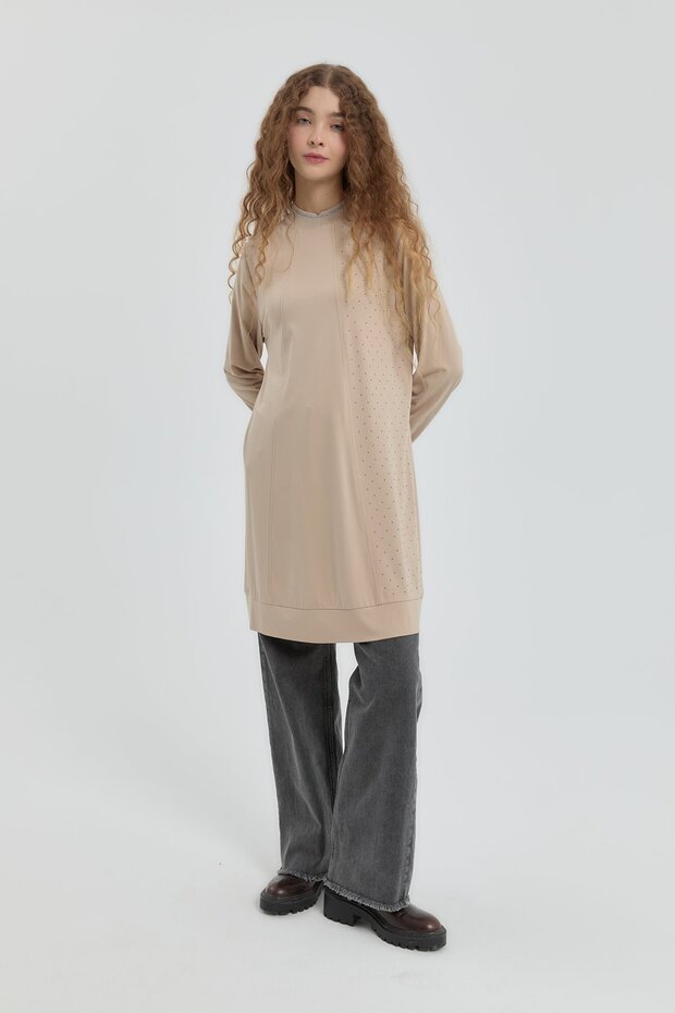 Taş Detaylı Örme Tunik Bej - 1