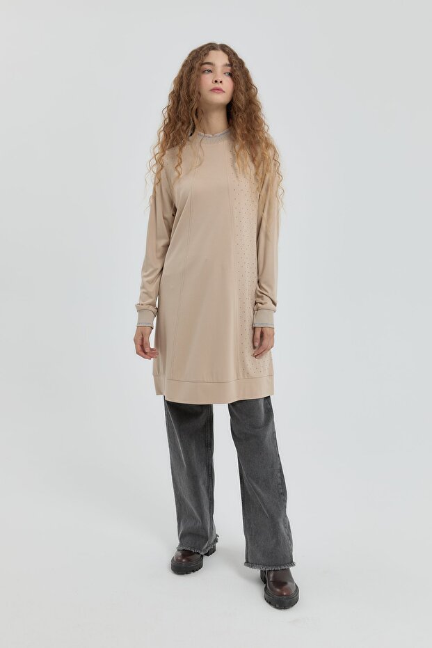 Taş Detaylı Örme Tunik Bej - 2