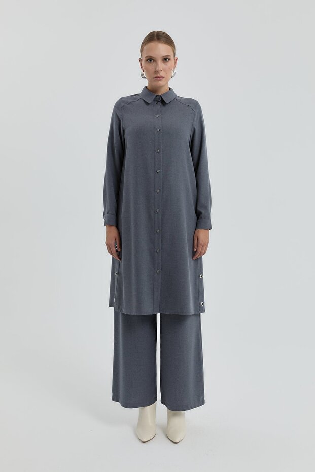 Eyelet Detailed Shirt Collar Tunic Gray