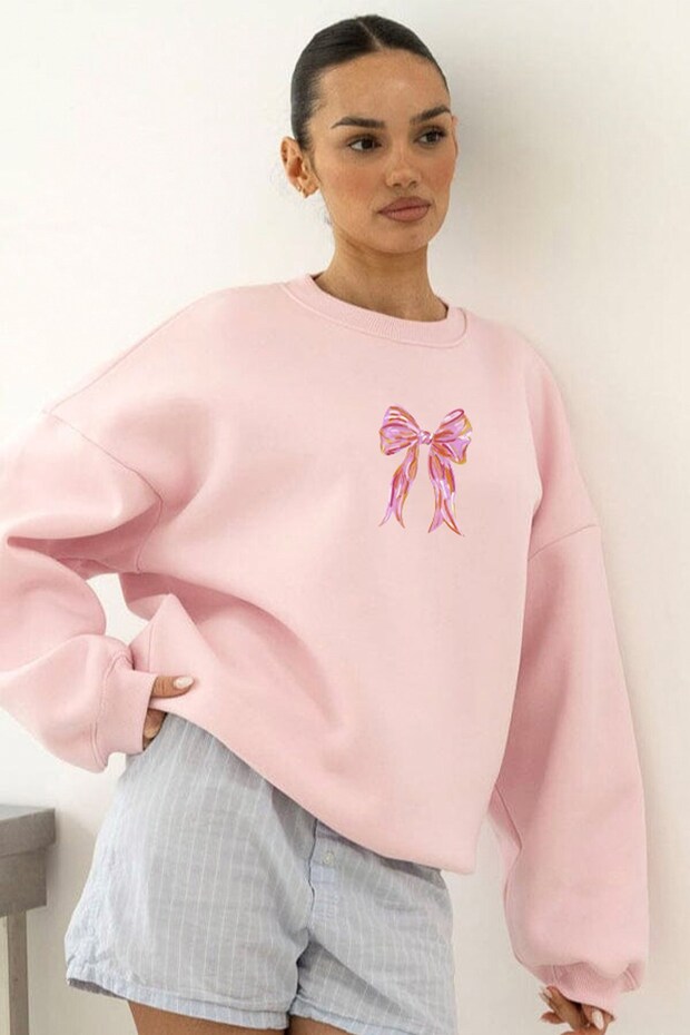 Women's Oversize Sweatshirt with Ribbon Print in Pink – Crew Neck, 3 Thread Ribbons