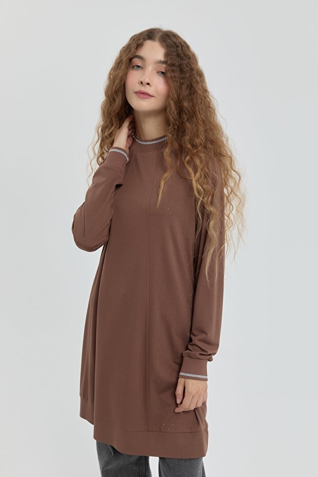 Taş Detaylı Örme Tunik Kahve - 2