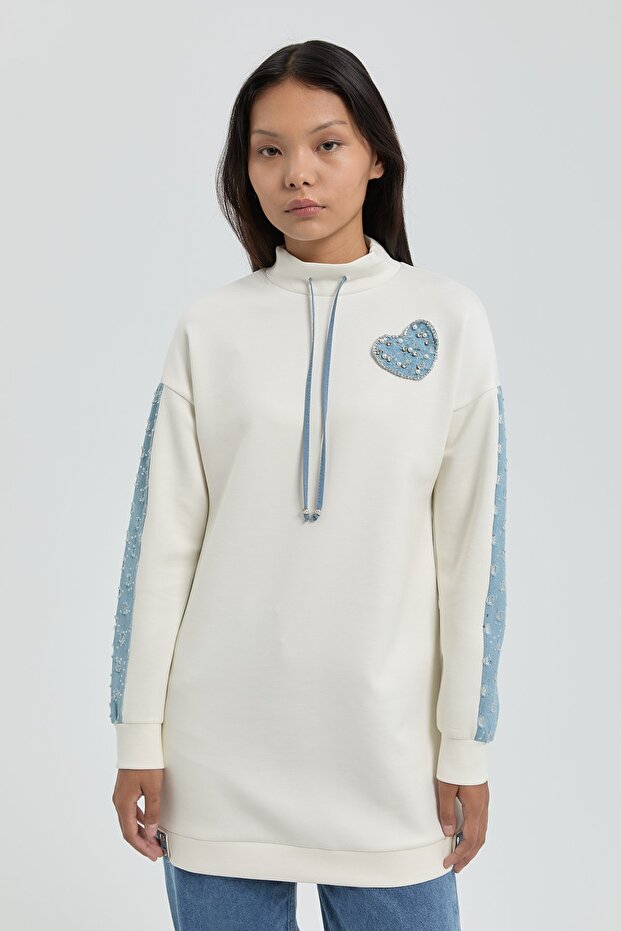 Denim Detaylı Örme Tunik Ekru - 1