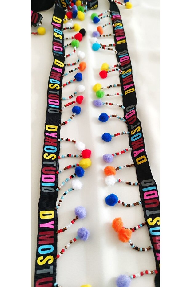 Colorful Bead Embroidered Pompom Fringe Ribbon on Black Grosgrain
