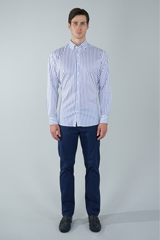 Regular Fit Uzun Kollu Lacivert Pamuk Erkek Gömlek - 5