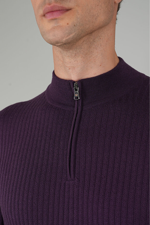 Mürdüm Yarım Balıkçı Fermuarlı Full Jakar Yün Erkek Triko - 3