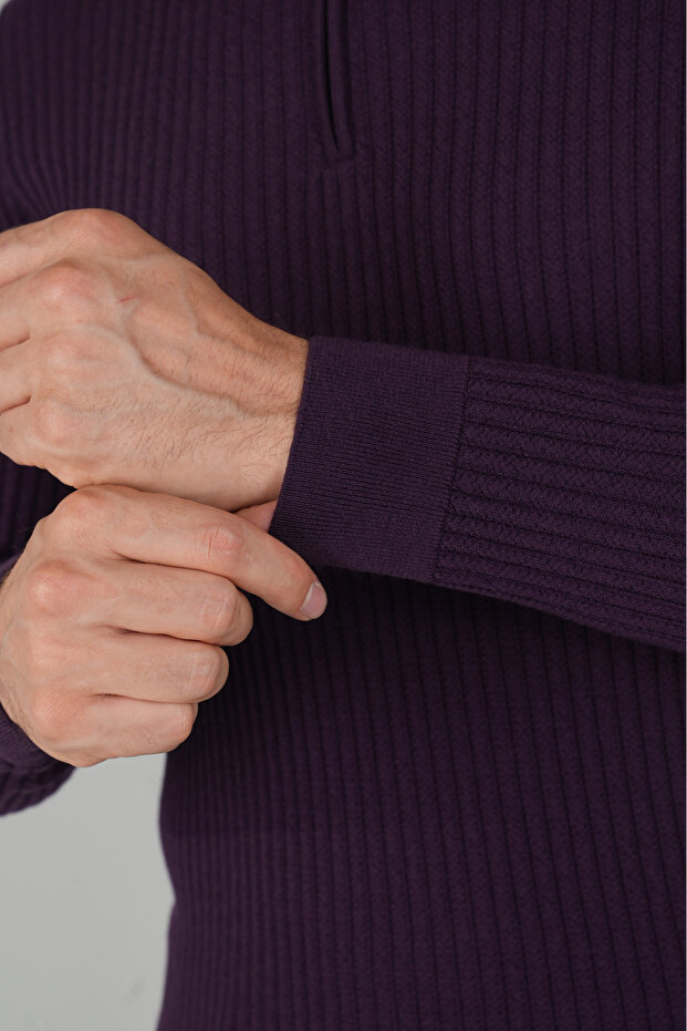 Mürdüm Yarım Balıkçı Fermuarlı Full Jakar Yün Erkek Triko - 4