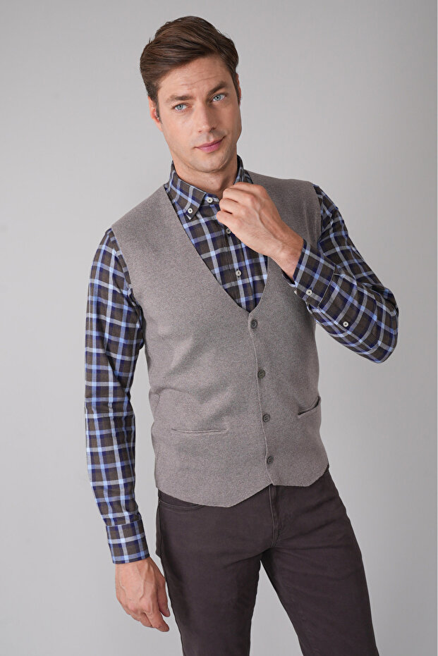 Vizon Düz Triko Yün Erkek Yelek - 1