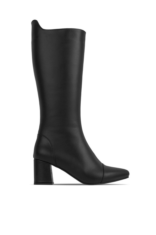 Alive Women's Genuine Leather Zippered Stitching Detailed Heeled Boots B4150-Black