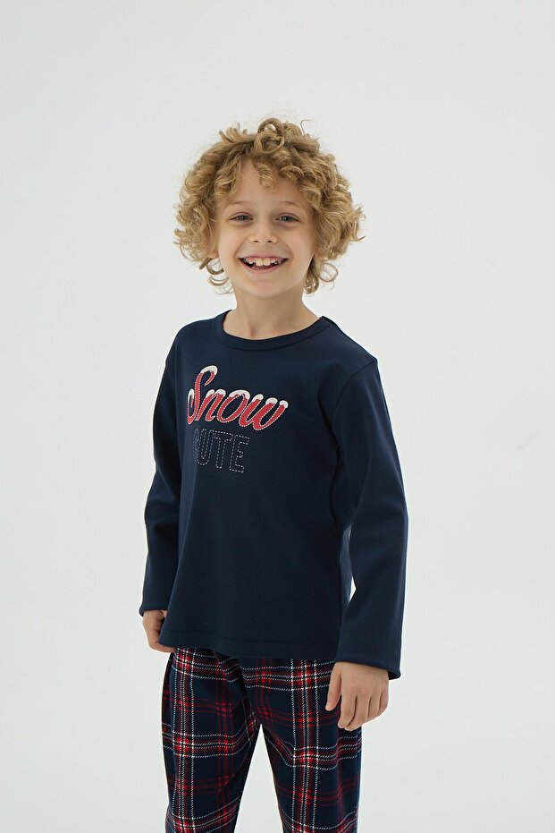 Erkek Çocuk Lacivert Uzun Kollu Kareli Desenli Pijama Takımı C8T3N98 - 1