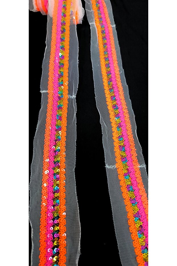 Neon Orange and Colorful Sequins Strip on White Tulle