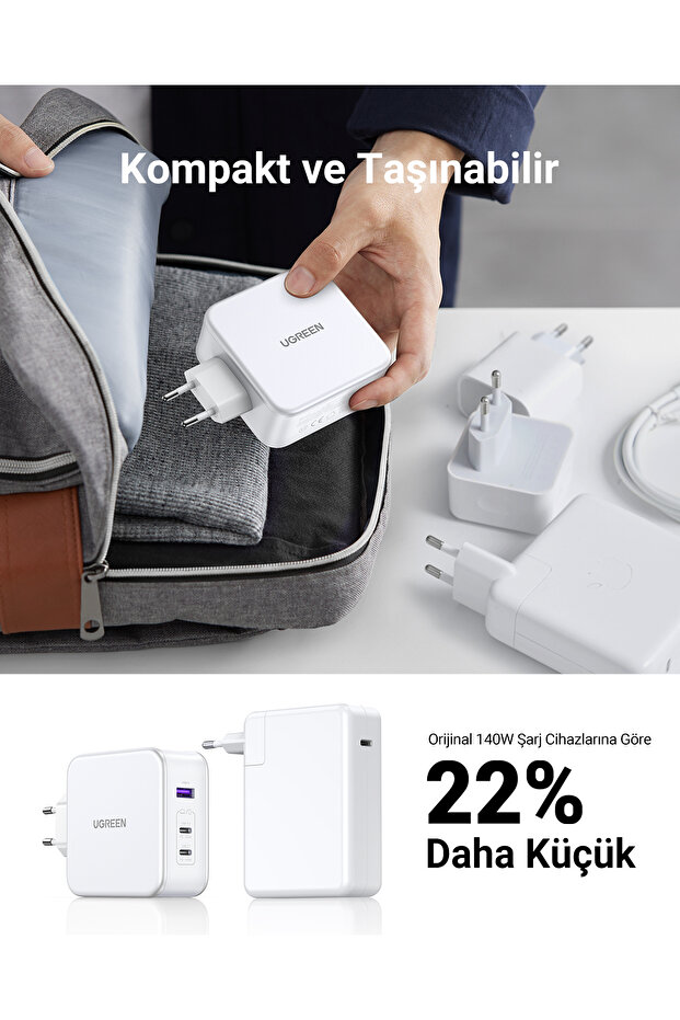 Incarcator de retea Ugreen Nexode CD289 GaN USB-A/2xUSB-C 140W + USB-C - cablu USB-C 1,5 m - alb - 6