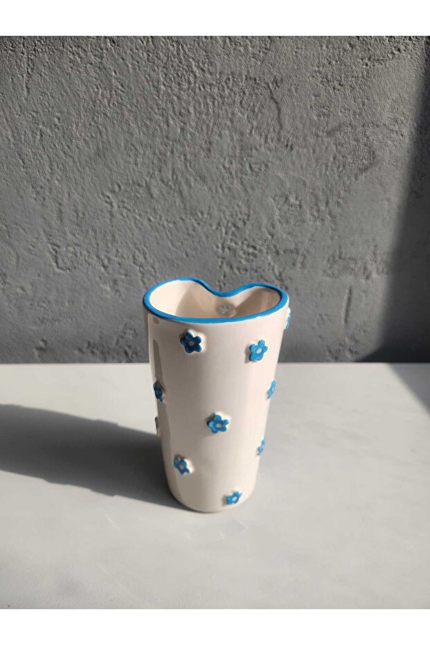 Mavi Çiçekli El Yapımı Seramik Pipetli Bardak - 4